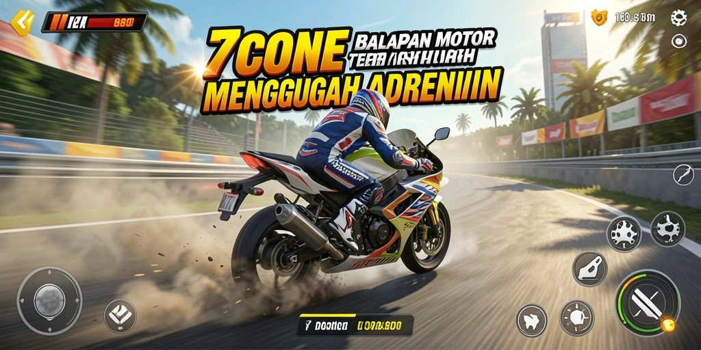 Tangkapan layar gameplay 7CONE dengan aksi balapan motor yang seru.