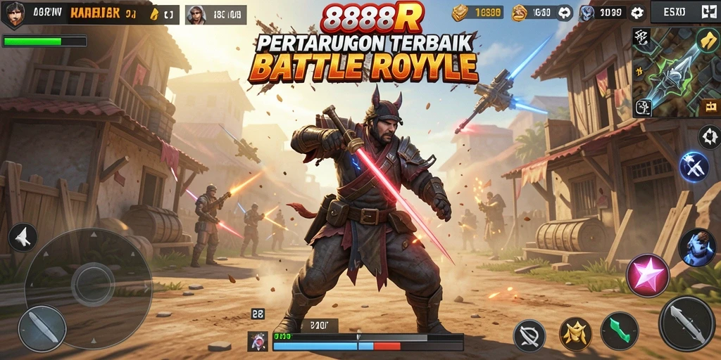 Tangkapan layar utama 888R menampilkan aksi intens di tengah pertempuran Battle Royale.