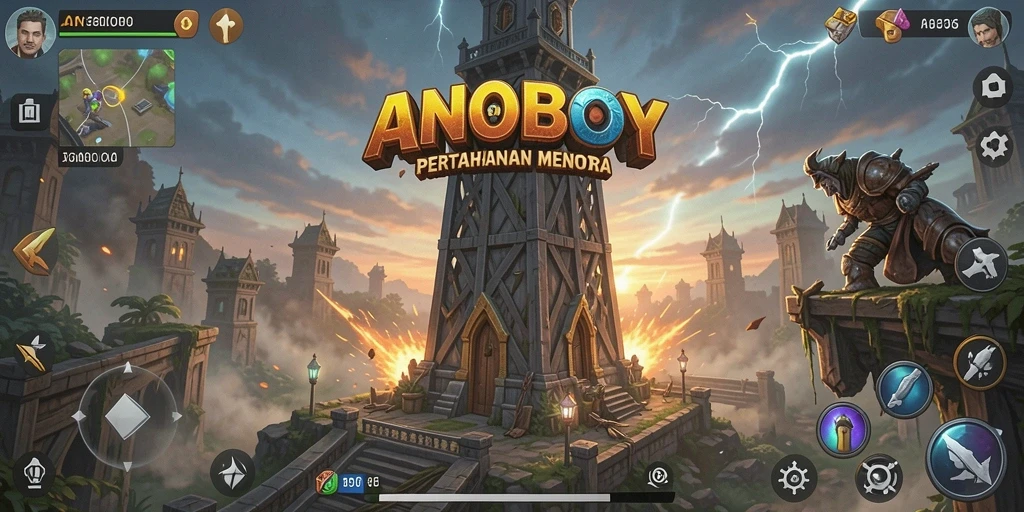 Screenshot gameplay ANOBOY menampilkan pertahanan menara yang seru.