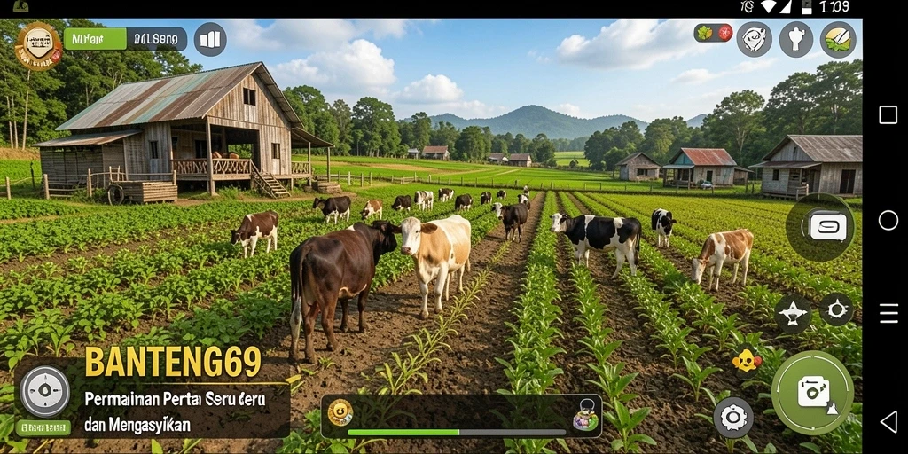 Tangkapan layar gameplay BANTENG69 menunjukkan aktivitas pertanian yang seru.