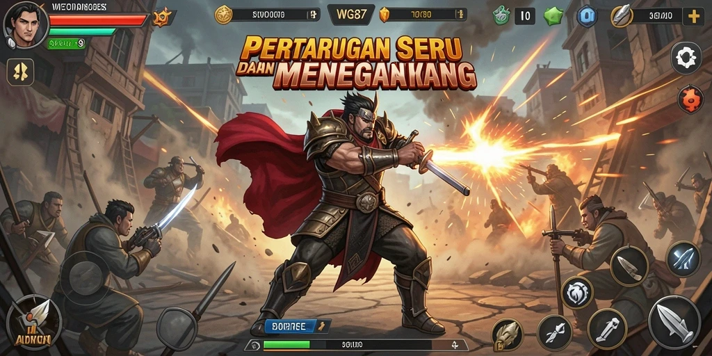 Screenshot gameplay WG87 menampilkan aksi bertarung yang intens.