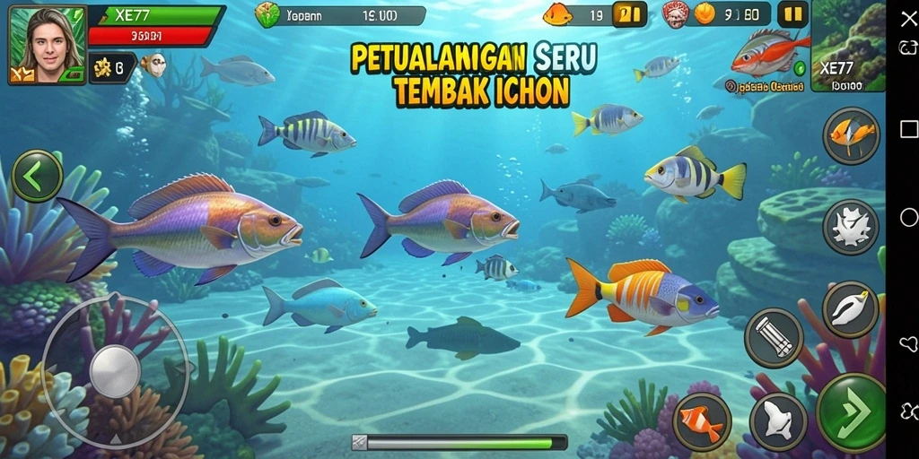 Tampilan gameplay seru dalam XE77 dengan perburuan ikan yang mendebarkan.